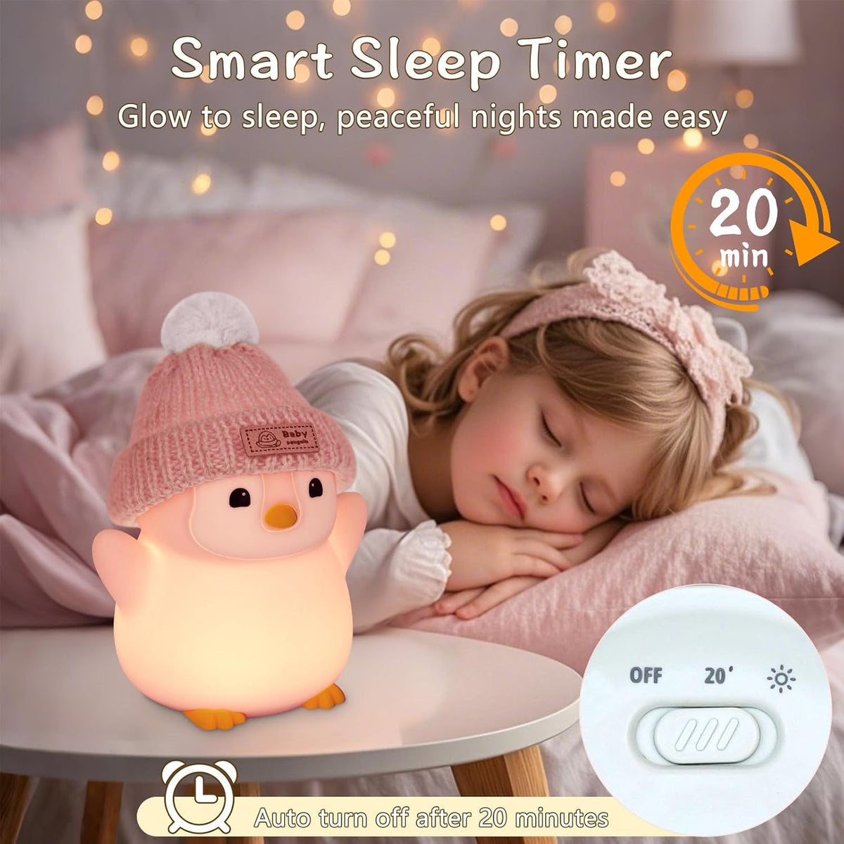 Penguin Night Light, Cute Pink Penguin Lamp with Knit Hat, Soft Silicone Nursery Nightlight for