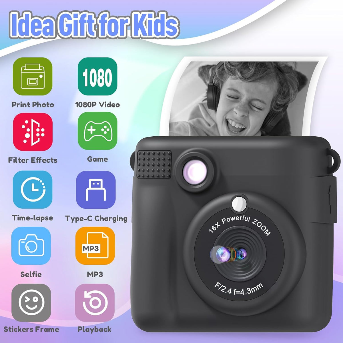 Kids Camera Instant Print, Christmas Birthday Gifts for Kids Age 3-12, Selfie Digital Camera with