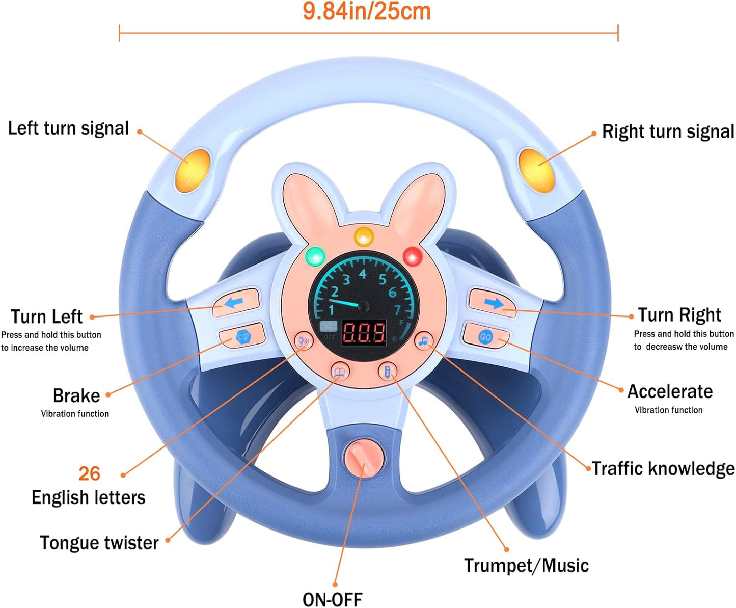 deAO Kids Steering Wheel for Backseat with Key Baby Toys Pretend Driving Simulated Steering Wheel