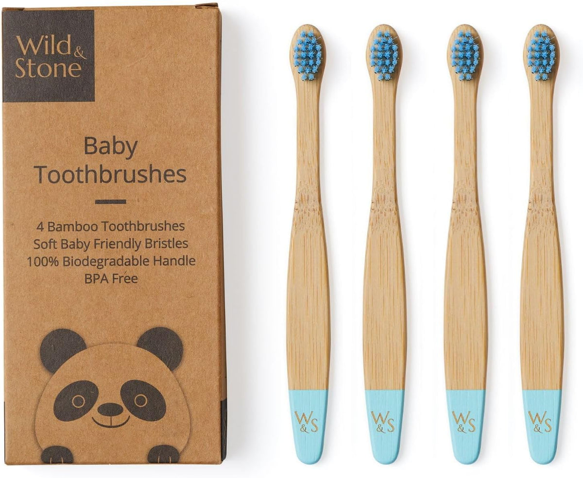 Wild & Stone Organic Baby Bamboo Toothbrushes | 4 Pack | Soft Bristles | 100% Compostable Handle |