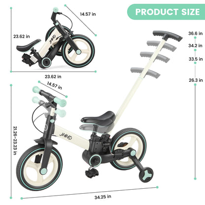 JMMD 6 in 1 Toddler Bike with Push Handle for Kids 18-60 Months, 12" Foldable Balance Bike with