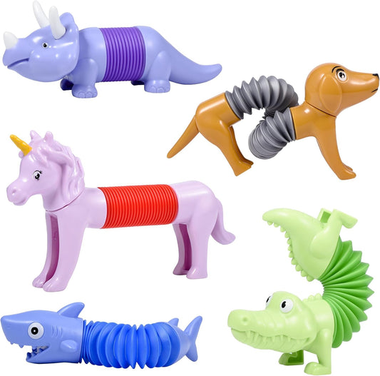 Boxgear 5-Pack Pop Tubes Mixed Animal Fidget Toys – Sensory Tubes for Toddlers – Cute Animal