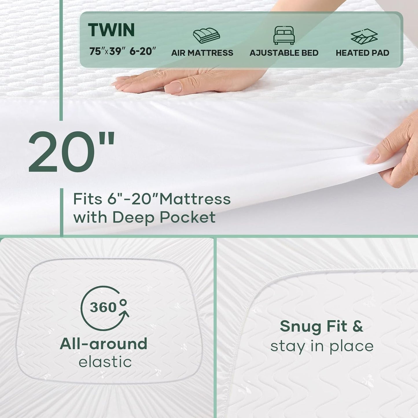 OhGeni 100% Waterproof Mattress Protector, Twin Size Mattress Pad, Fits 6"-20" Mattresses with Deep