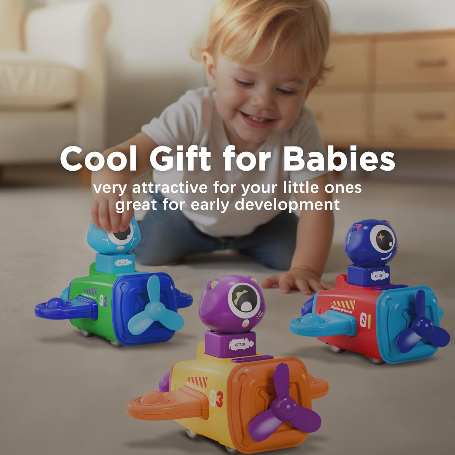 iPlay, iLearn Press to Go Car Toys for Toddlers 1-3, Baby Airplane Race Cars, Infant Push Go Play