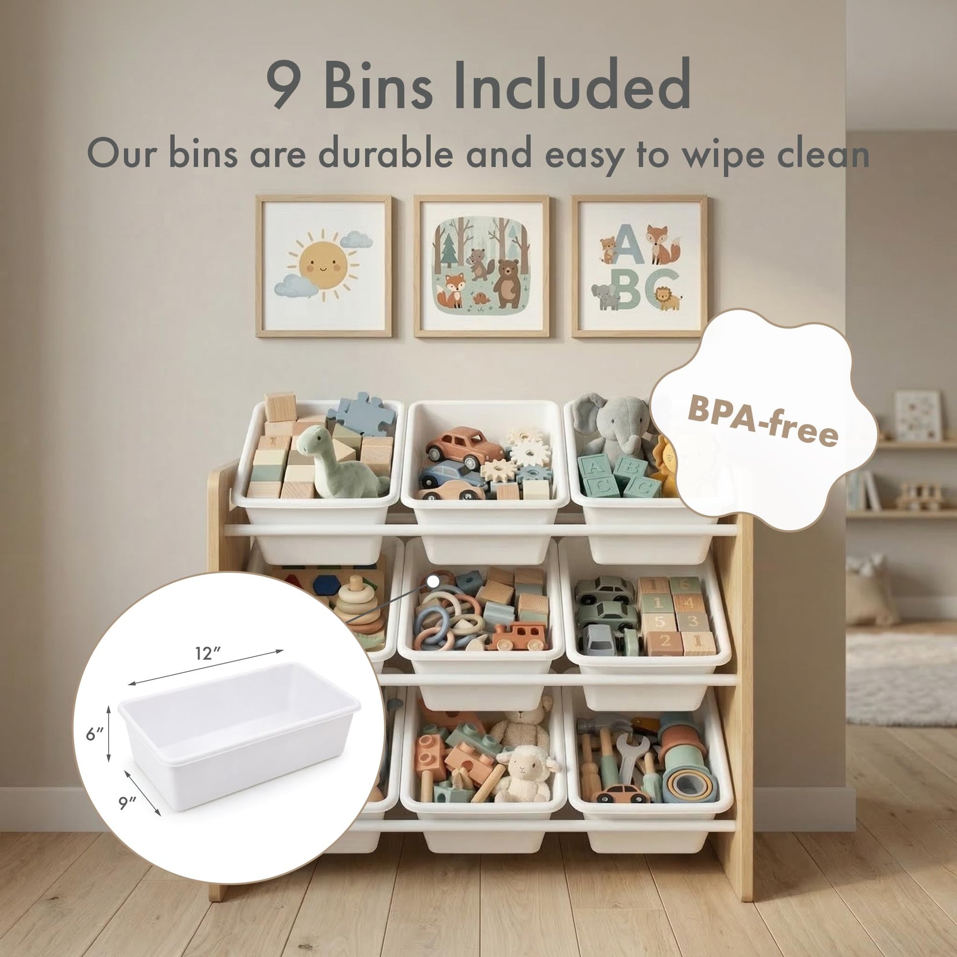 Humble Crew Kids Toy Organizer with 9 Bins, 3 Tier Storage for Playroom