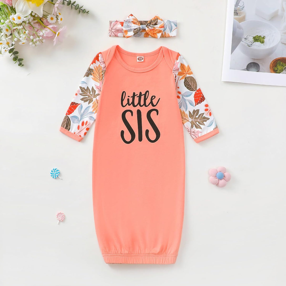 AMAWMW Newborn Baby Girl Little Sister Sleeper Gown Stripe Long Sleeve Nightgown Pajamas Gifts
