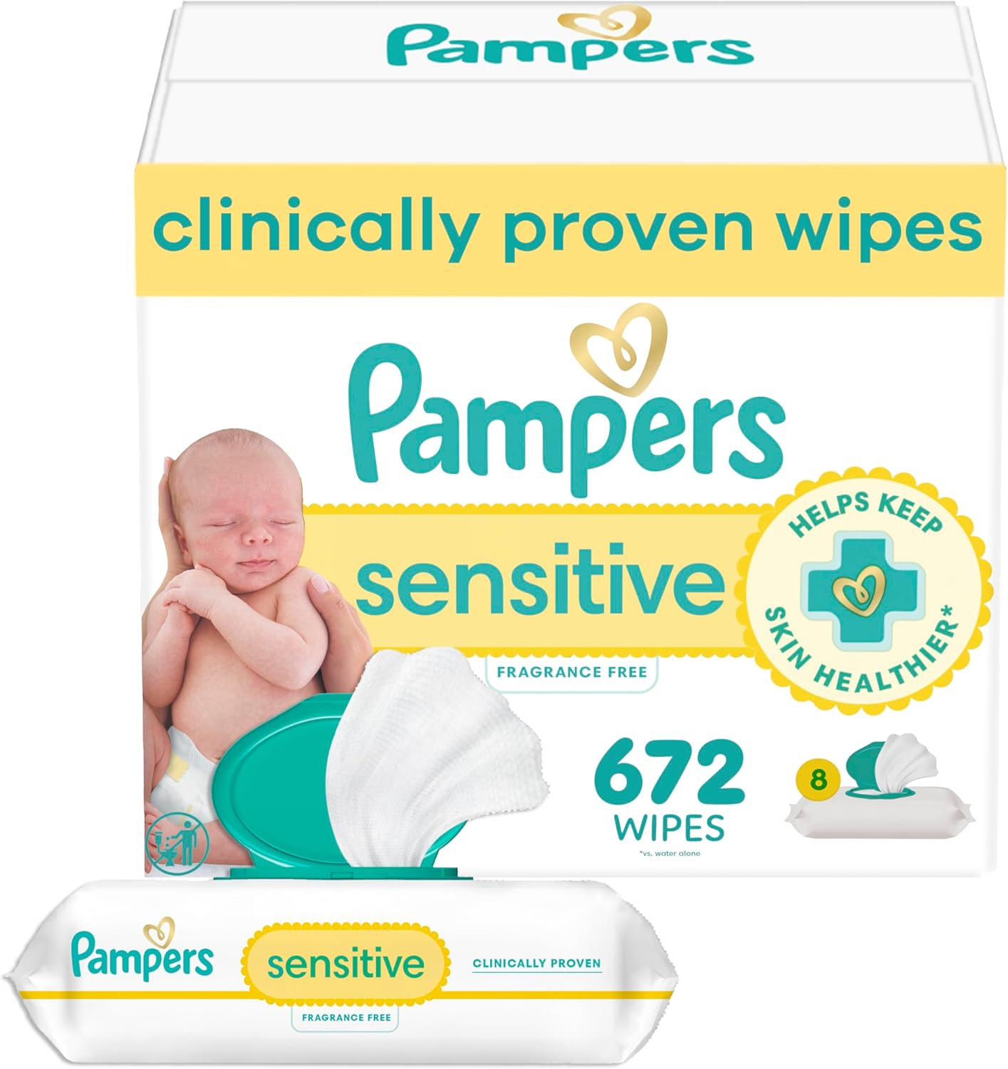 Pampers Baby Wipes, Sensitive, Water Based Wipe, Clinically Proven, Hypoallergenic, and Unscented