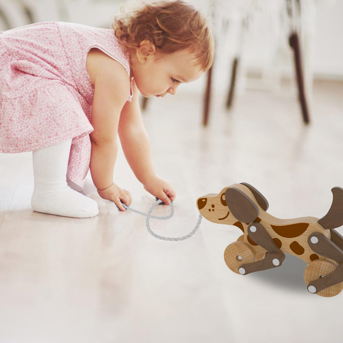 Montessori Toys 1 2 3 4 Years Old Boys Girls Wooden Walking Pull Dog Toy for Baby Toddler, Pull