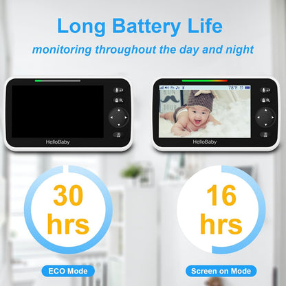 HelloBaby Upgrade 5’’ Baby Monitor with 30-Hour Battery, 2 Cameras Pan-Tilt-Zoom, 1000ft Range