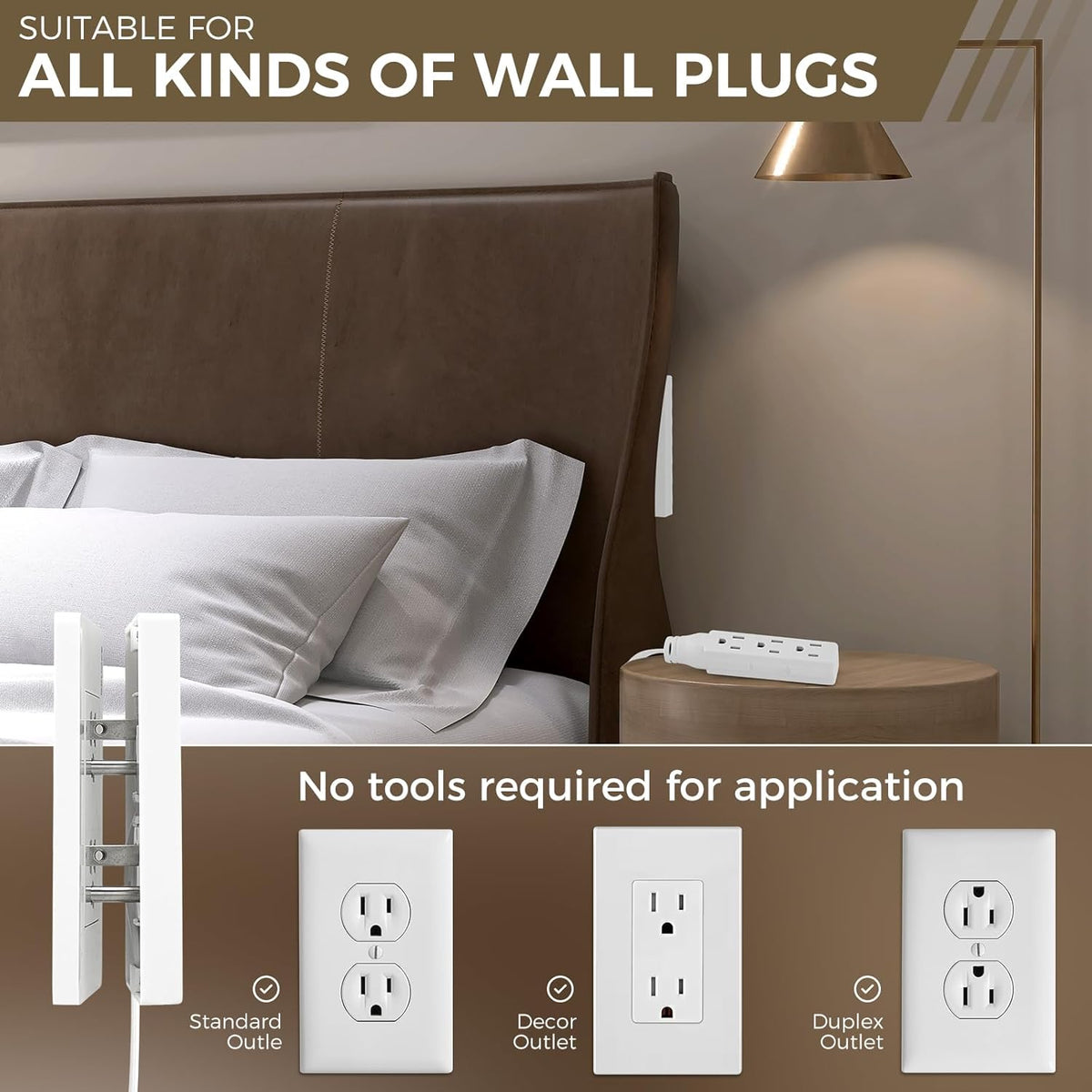 Outlet Concealer Power Strip-Outlet Cover Extender with 3AC Outlets-8ft Flat Plug Extension