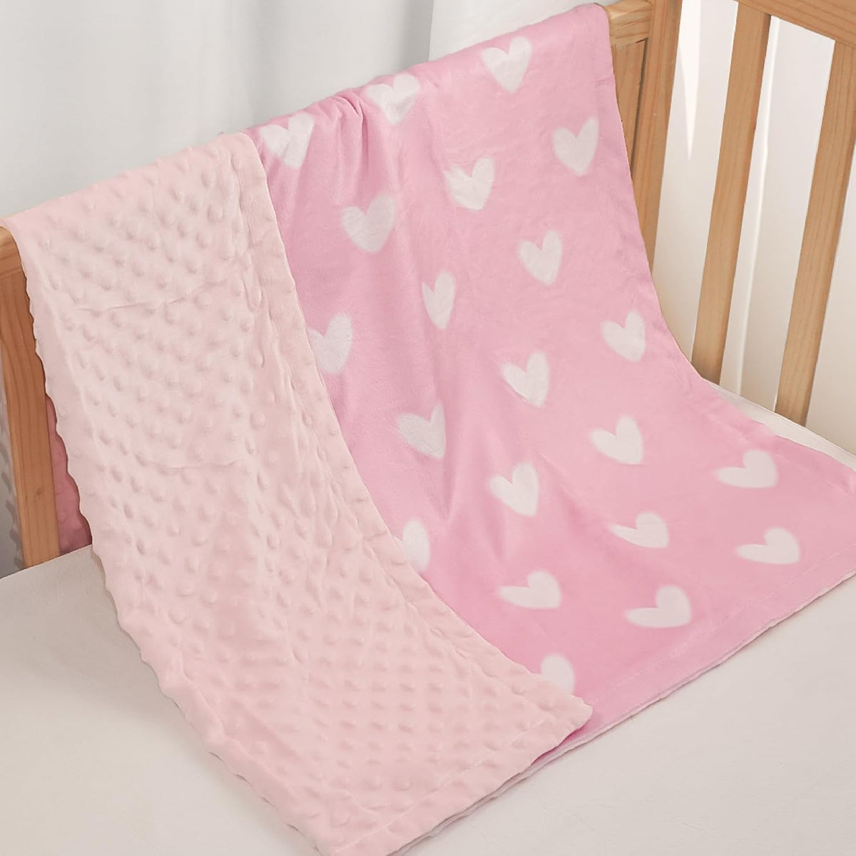 Heart Minky Baby Blanket 30 x 40 Inches for Girls, Soft Plush Receiving Blanket with Dotted Back