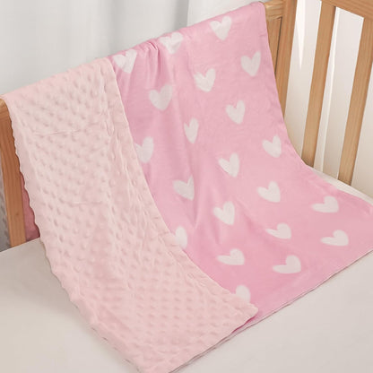 Heart Minky Baby Blanket 30 x 40 Inches for Girls, Soft Plush Receiving Blanket with Dotted Back