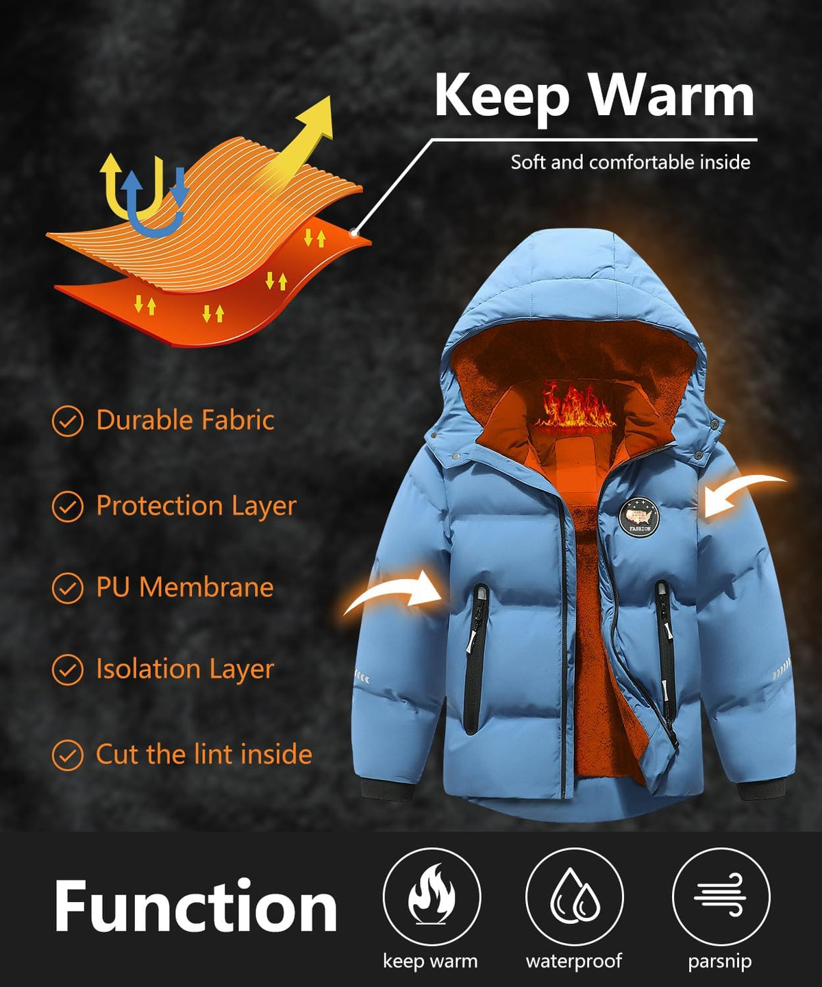 Kids Boy's Winter Coat Fleece Lined Waterproof Jacket Puffy Cotton Coat Thick Hooded Down Outdoor