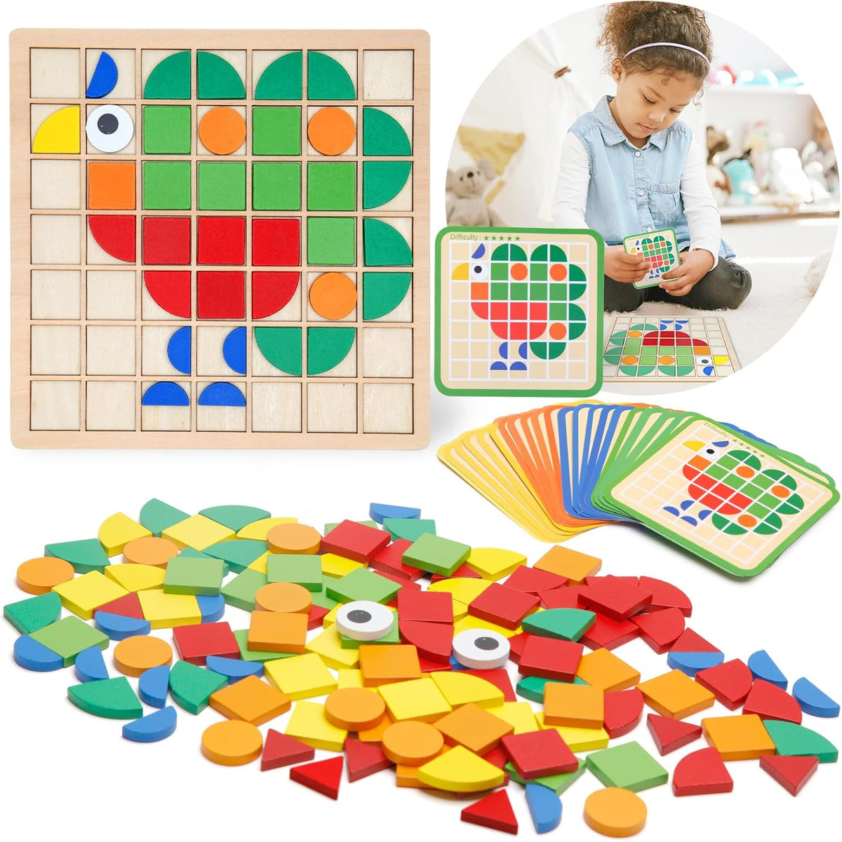 Montessori Tangram Educational, Geometric Shapes Puzzle Toys with 120Pcs Wooden Puzzle Blocks and