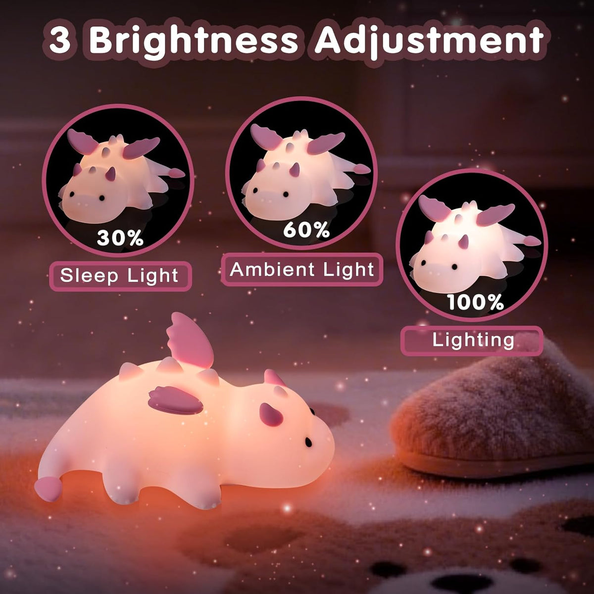 Cute Baby Dragon Kids Night Light for Kids,Cute Soft Silicone Lamp 3 Level Dimmable Changing