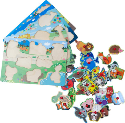 Peg Puzzle Set of 4 (32 pcs), Wooden Knob Puzzles for Toddlers Ages 1-3, Farm Zoo，Forest Animals