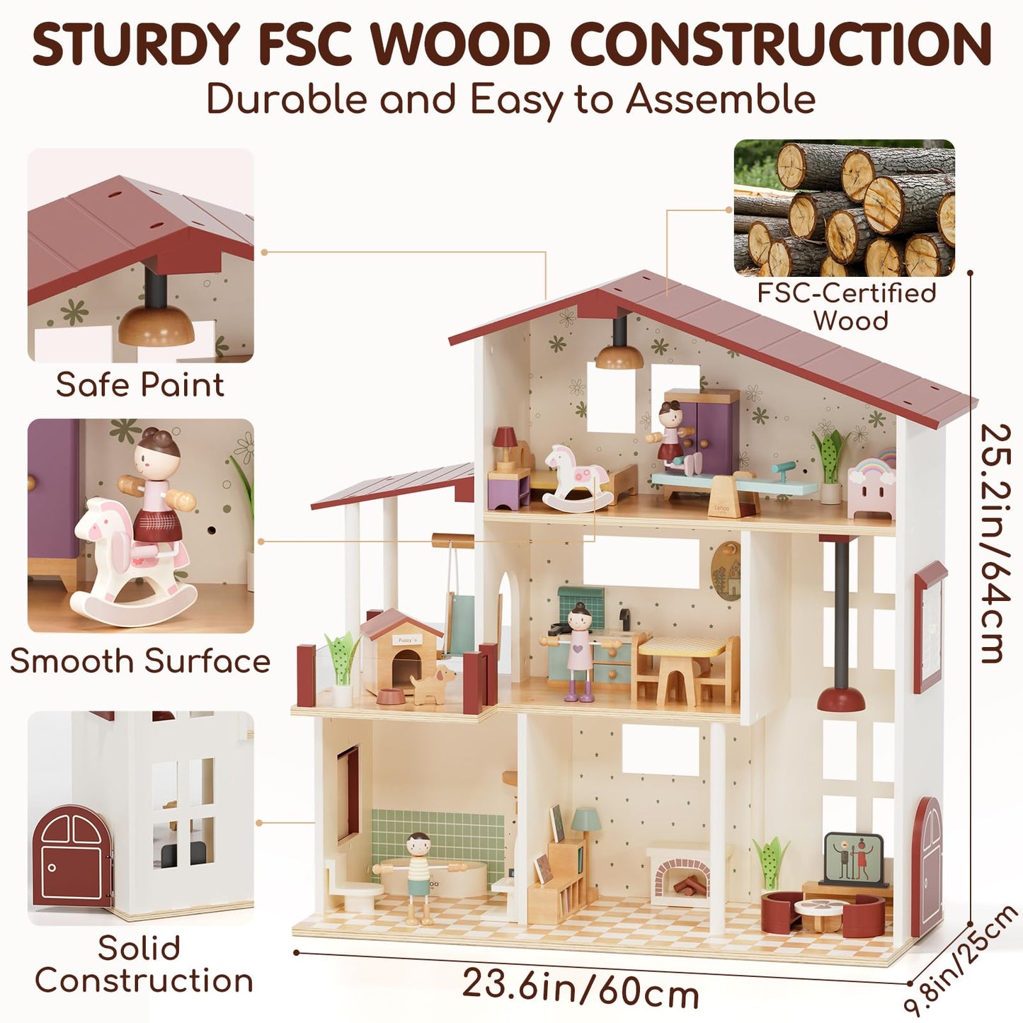 Lehoo Castle Wooden Dollhouse for Girls, Doll House with 5 Rooms DIY Play
