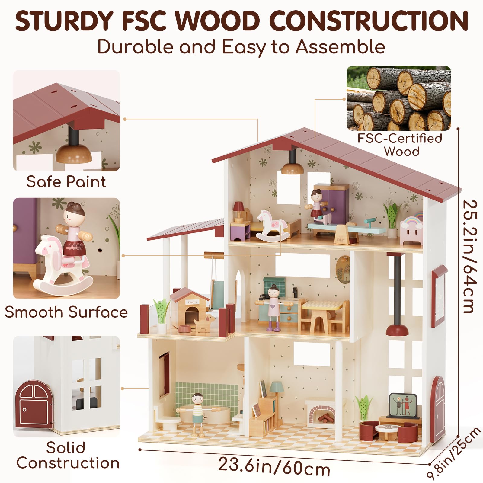 Lehoo Castle Wooden Dollhouse for Girls, Doll House with 5 Rooms DIY Play