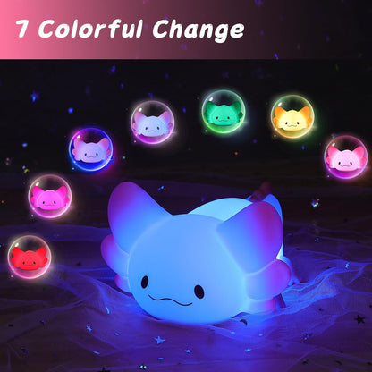 LOVERUIS Cute Night Light for Kids Axolotl Night-Light Baby Girl Squishy NightLight 1/3 Hour Timer