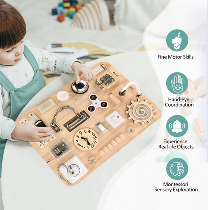 Wooden Busy Board for Toddlers - Montessori Sensory Activity Board for Fine Motor Skills and Early
