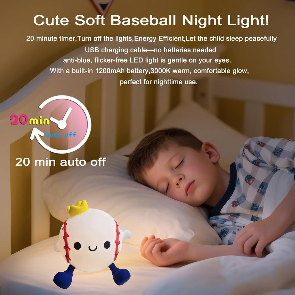 DREAMING MY DREAM Baseball Night Light,Cute Silicone Squishy Novelty LED Night Lamp, Touch Lamp