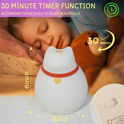 7-Color Changing Cat Night Light, Silicone Rechargeable Nursery Light with Timer & 3 Modes, Kids