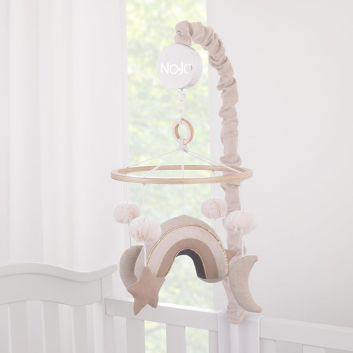 NoJo Rainbow Moon and Stars Pom Pom Ivory, Taupe, and Natural Wood Tones Plush Nursery Musical