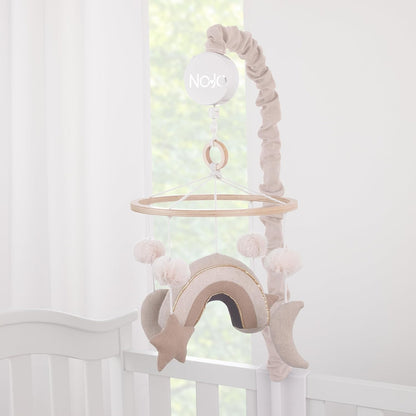NoJo Rainbow Moon and Stars Pom Pom Ivory, Taupe, and Natural Wood Tones Plush Nursery Musical