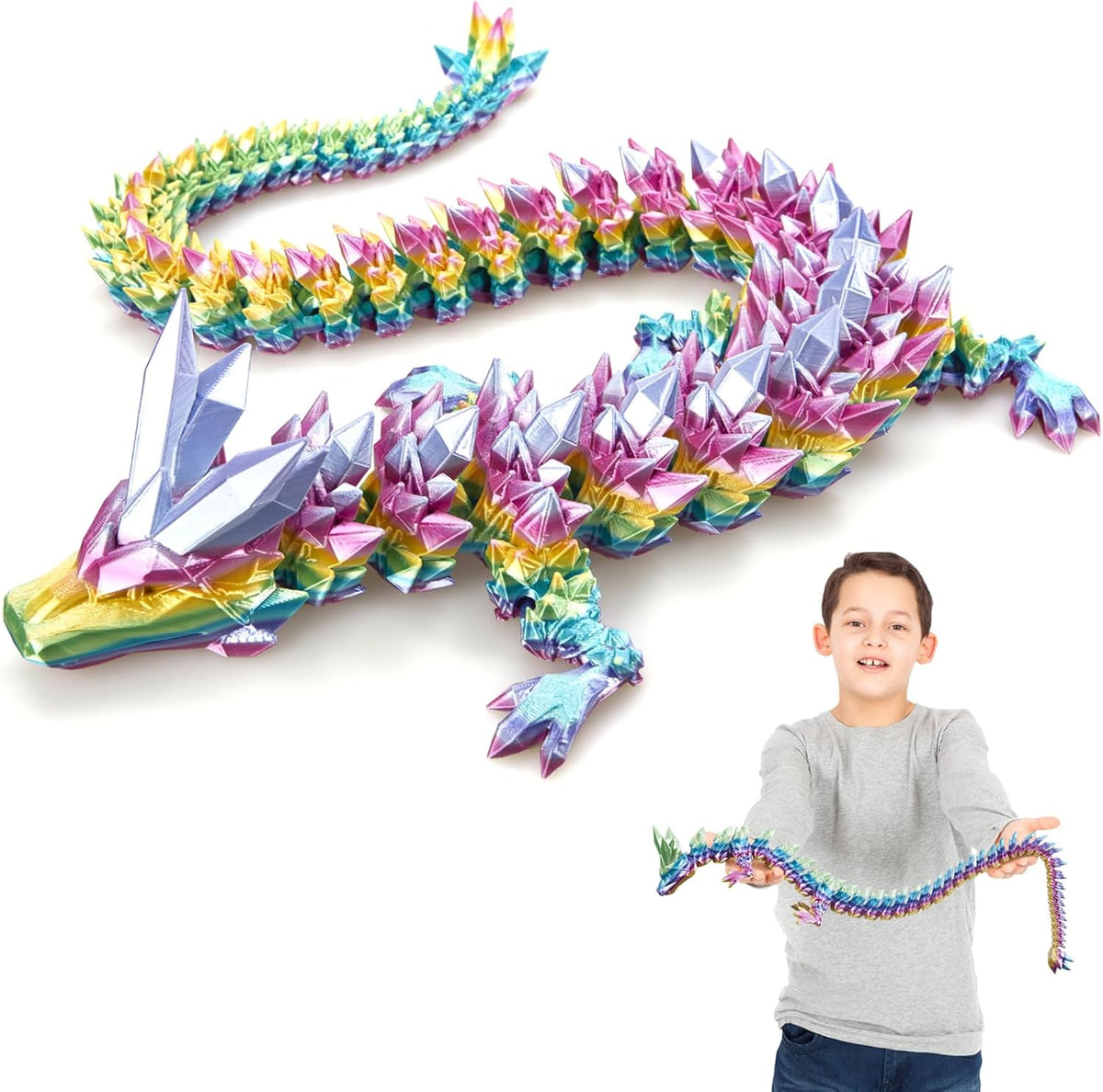 3D Printed Dragon, 24 Inch Crystal Dragon, Bigger Fidget Toys Adults, 3D Printed Articulated Dragon