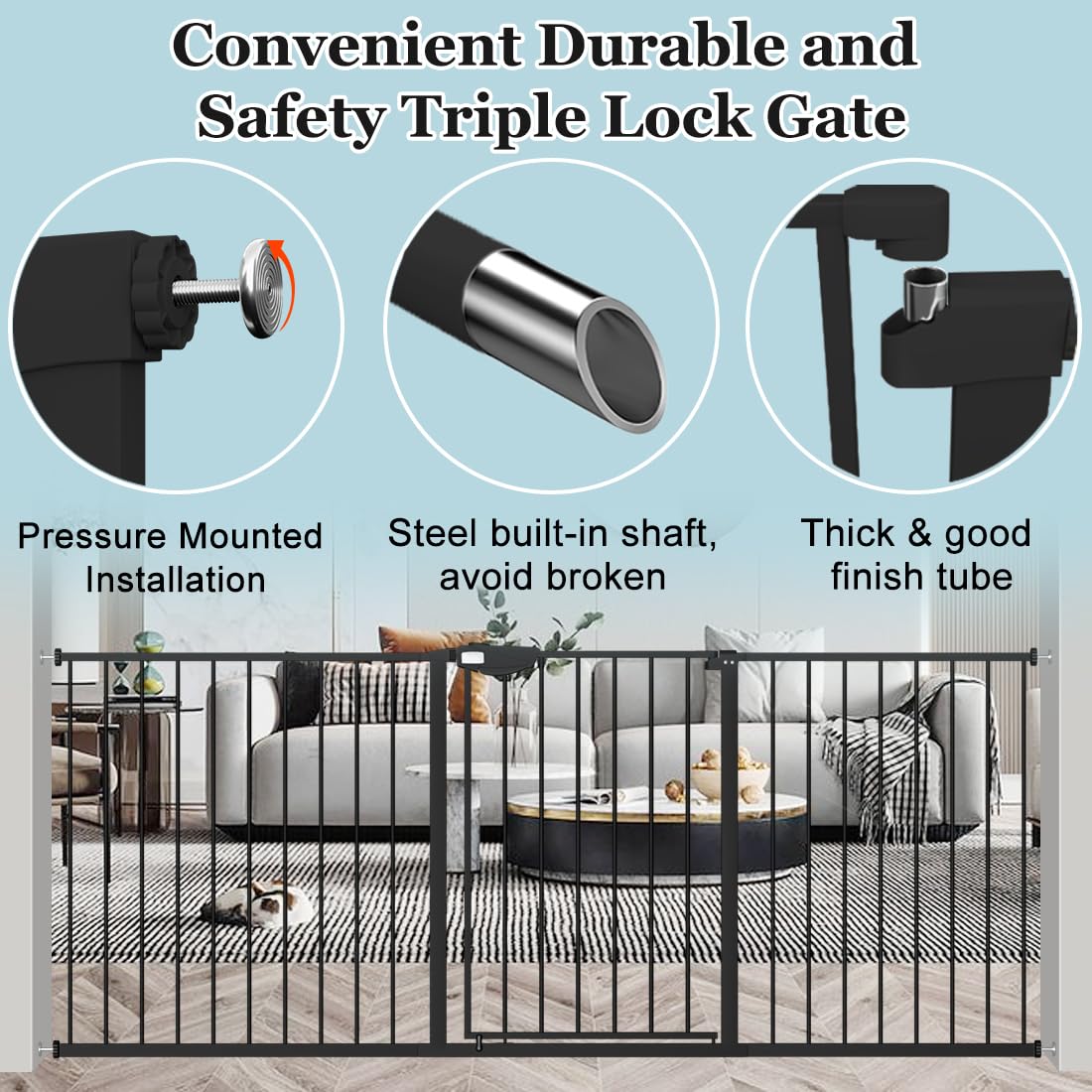 WAOWAO Triple Lock Baby Gate Extra Wide 57.87-62.59" Pressure Mounted Walk Through Swing Auto Close