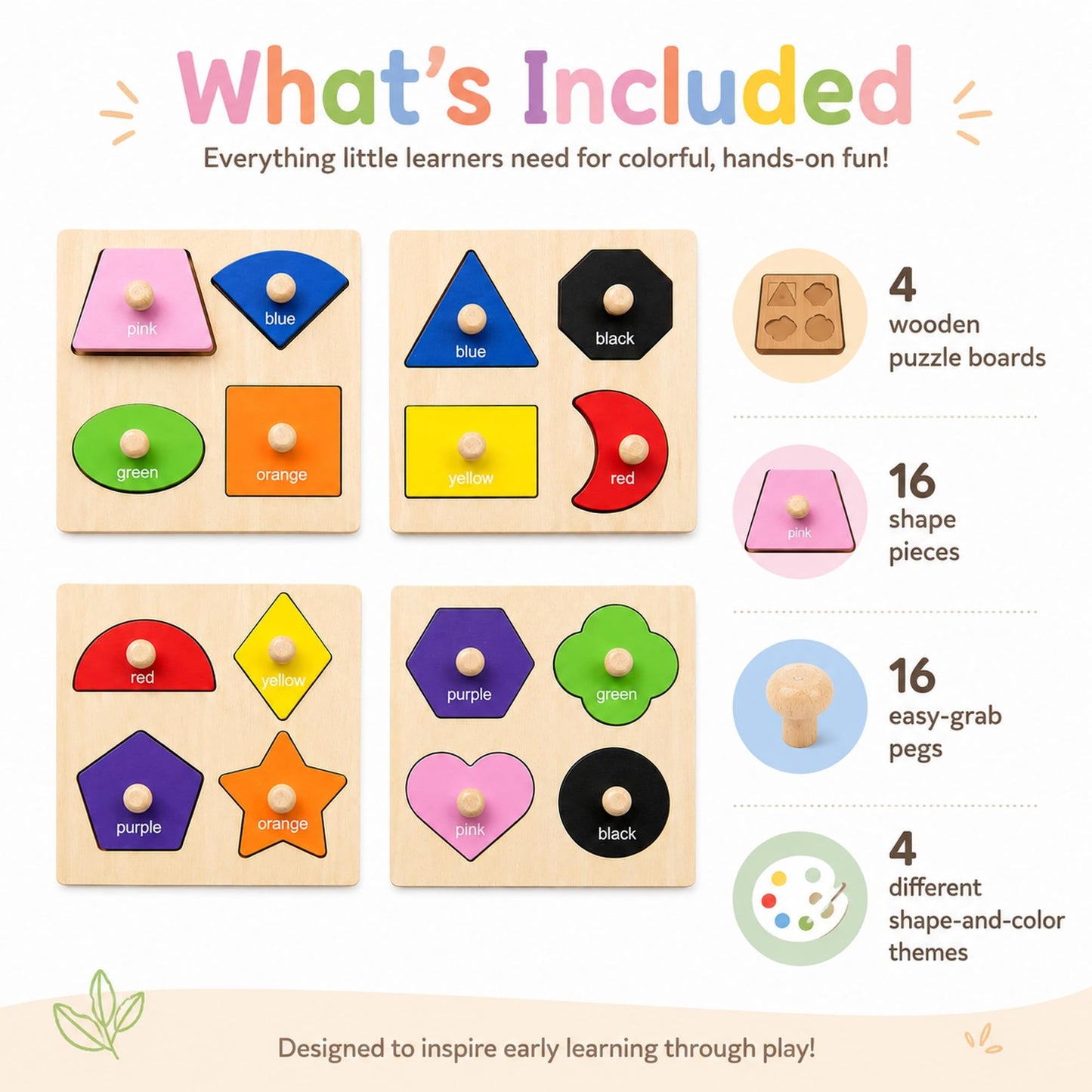 Wooden Shape Color Sorting Puzzle Toys for Toddlers, 4 Pack Montessori Peg Puzzles for Ages 2-4