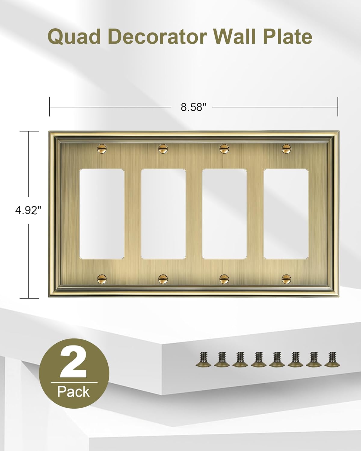 2-Pack Quad Decorator Cover Plate, Zinc Alloy Decorative Antique Brass Switch Plates and Outlet
