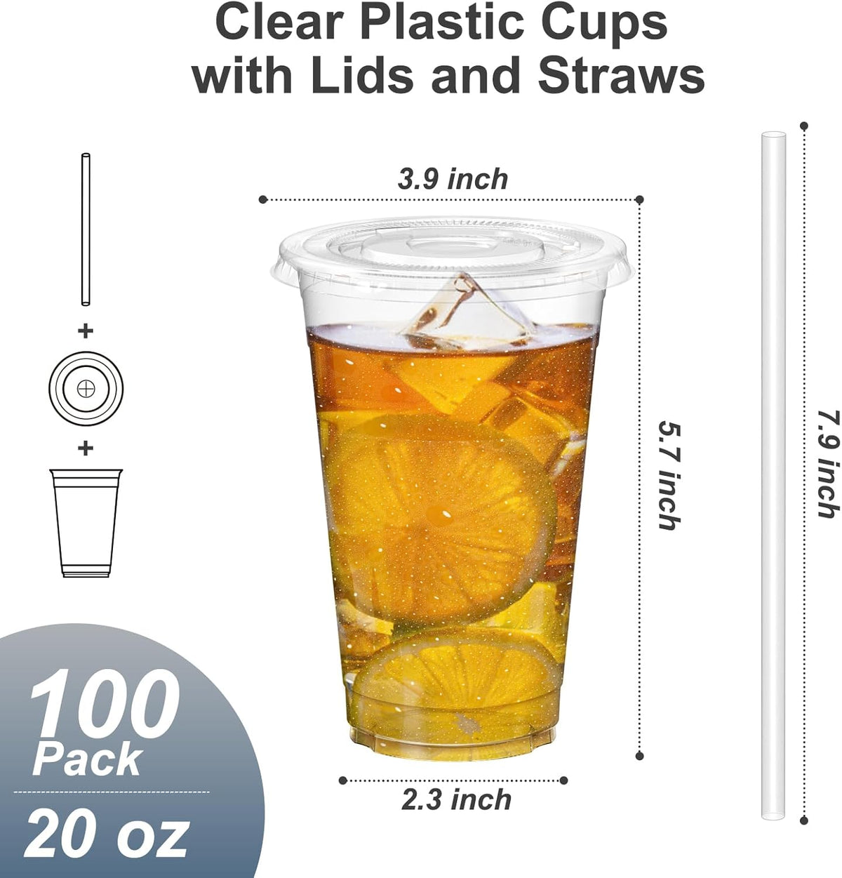 100 Pack - 20 oz Clear Plastic Cups with Lids and Straws, Sturdy & Food Safe Iced Coffee Cups with