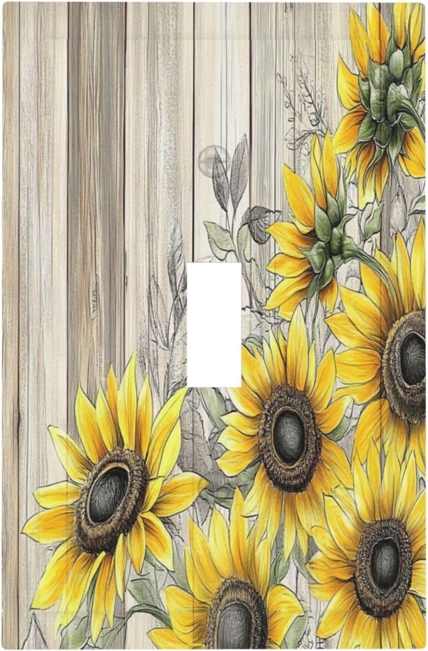 Decorative Light Switch Cover Floral Sunflower Rustic Flower Vintage Wood 1 Gang Single Toggle