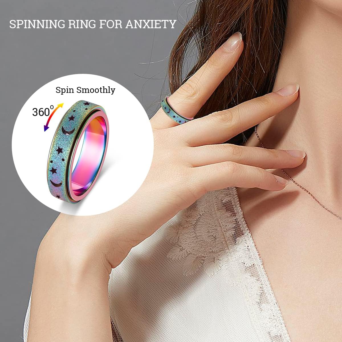 Anxiety Ring for Women Men, Titanium Stainless Steel Spinner Ring, 5 Colors, 6MM, Size 6-10, 3