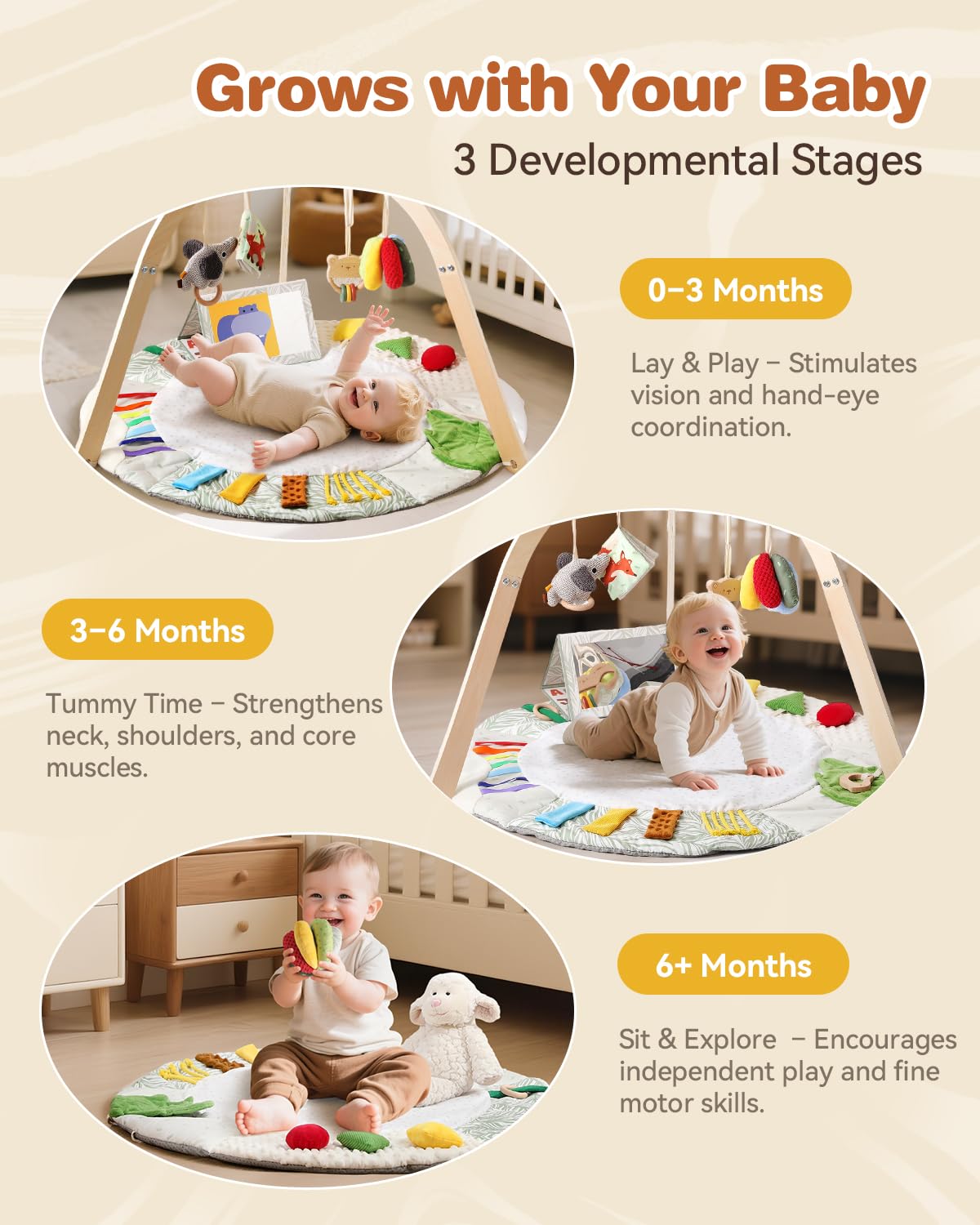 Wooden Baby Play Gym & Tummy Time Playmat – Montessori Sensory Activity Mat with 6 Developmental