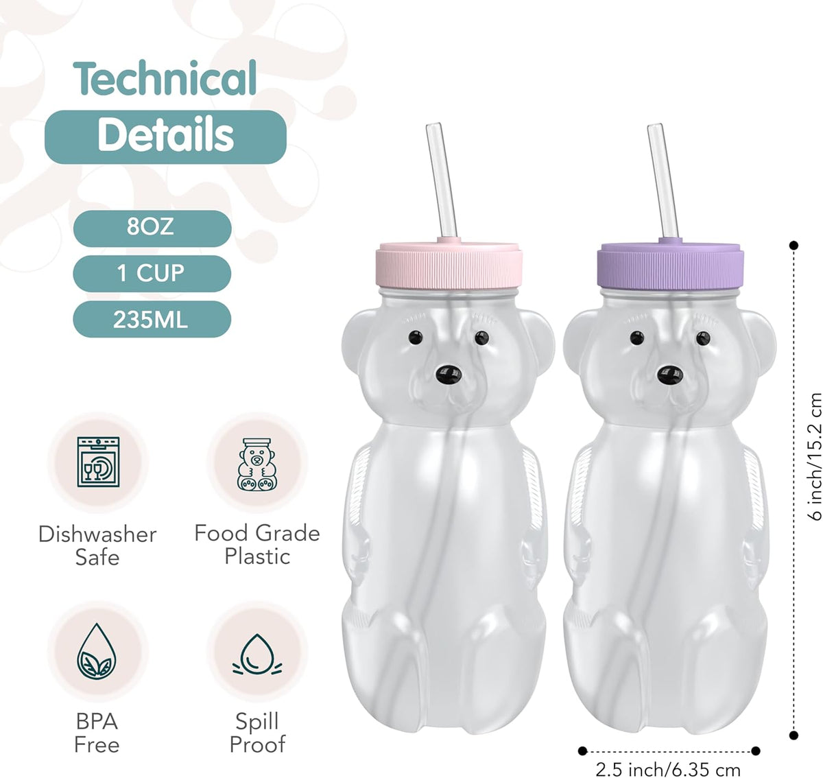 Honey Bear Straw Cup for Babies, Honey Bear Cups with Travel Lid, 2-Pack Therapy Learning HoneyBear