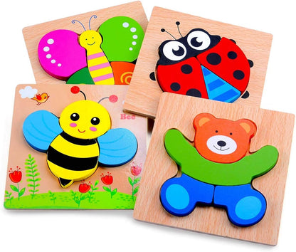 MAGIFIRE Toddler Wooden Puzzle Set - 4-Pack 5.7 x 5.7 Inch Multicolor Wood - Chunky Pieces for