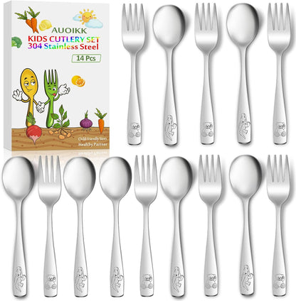 14-Piece Toddler Flatware, Kids Utensils Stainless Steel Cutlery Set, Children Safe Spoons and