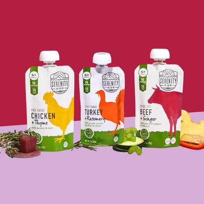 Serenity Kids 6+ Months Beef & Ginger Baby Food Puree Pouches - Grass Fed Beef & Organic Peas, Bell