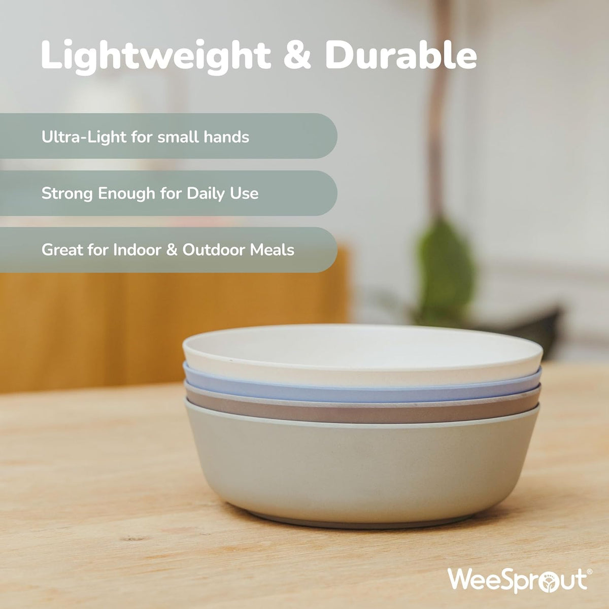 WeeSprout Bamboo Kids Bowls with Lids, Set of Four 15 oz Kid-Sized Bamboo Bowls, Bamboo Kid Bowls