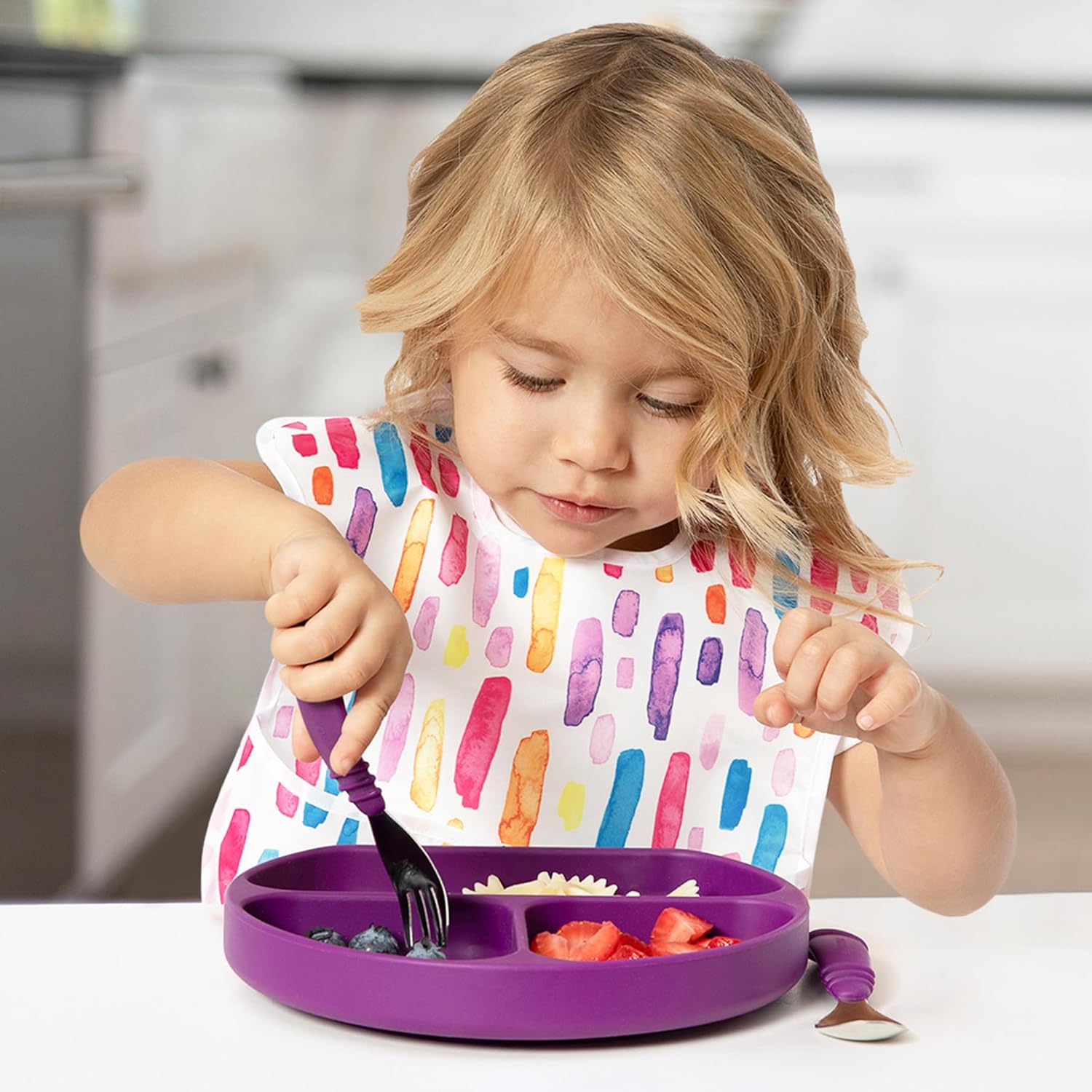 Bumkins Toddler Utensils, Kids Size Fork and Spoon Set, Silicone and Stainless-Steel Training