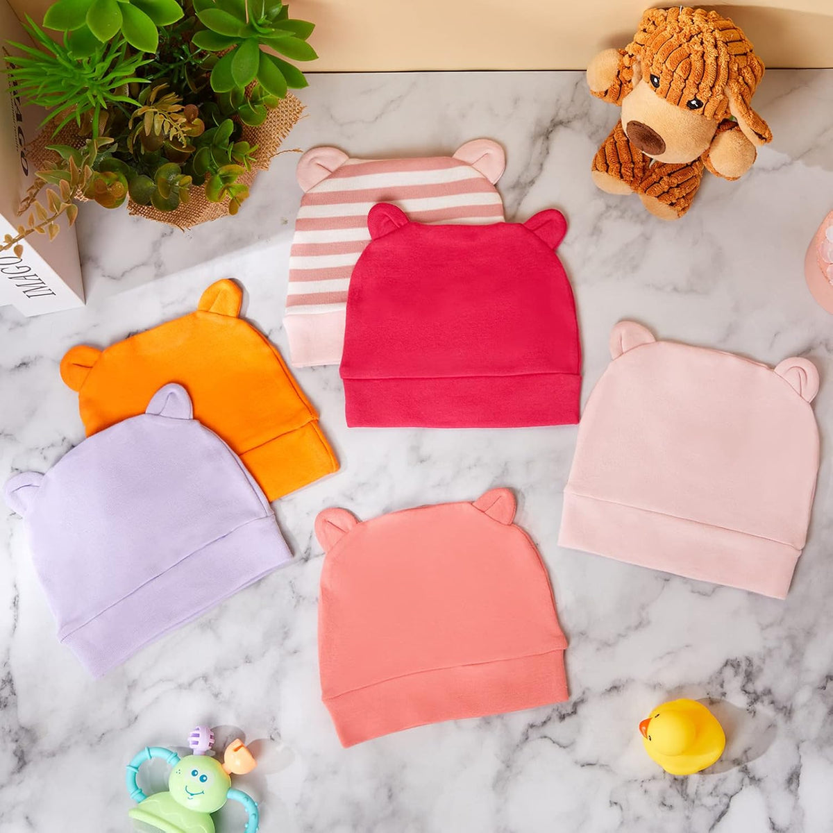 Geyoga 6 Pieces Newborn Baby Hat Bear Ears Infant Caps Baby Boy Girl Toddler Hats Infant Beanie