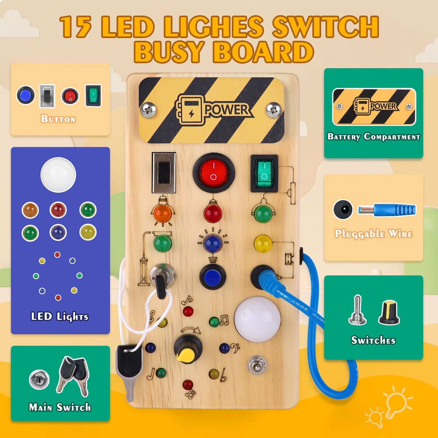Hoarosall Montessori Wooden Busy Board with 8 LED Light switches, Sensory Toys Light Switch Travel