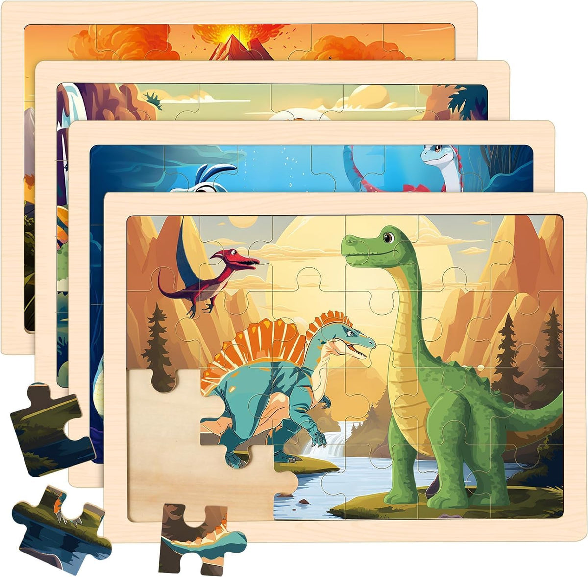 4 Packs Puzzles for Kids Ages 4-6, Wooden Dinosaur Puzzles for Toddlers Ages 2-4, Preschool