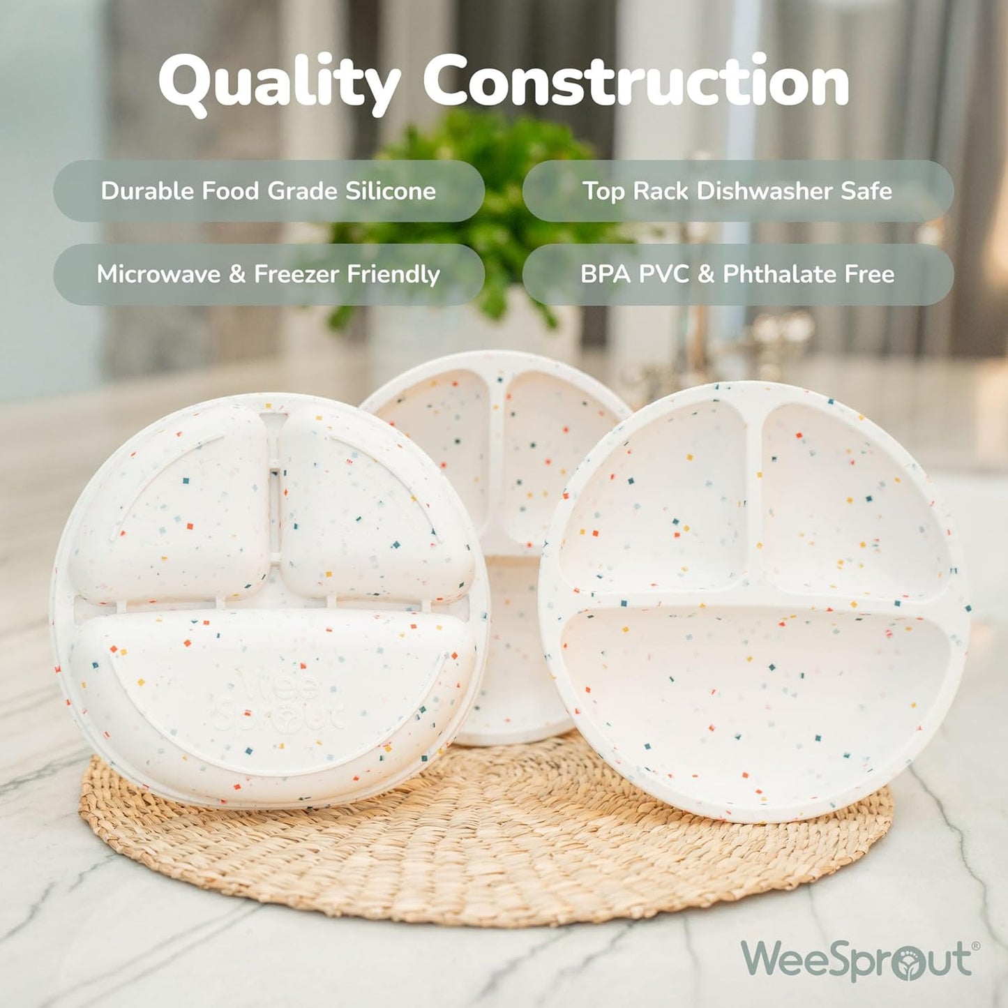 WeeSprout Silicone Divided Plates (No Lids), 100% Food Grade Silicone Divided Plates for Toddlers &