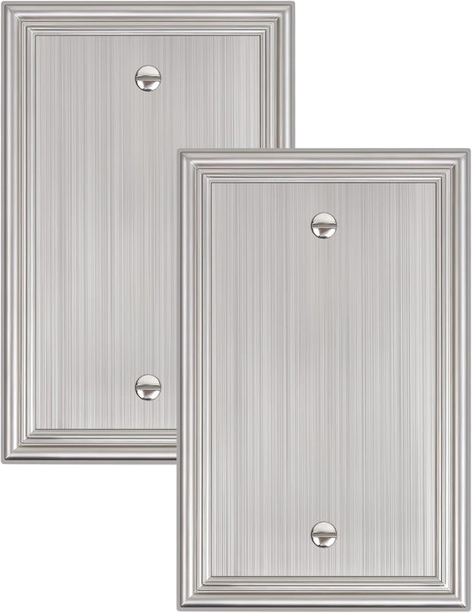 2-Pack Single Blank Wall Plates, Durable Solid Zinc Alloy Blank Outlet Covers, Decorative Brushed