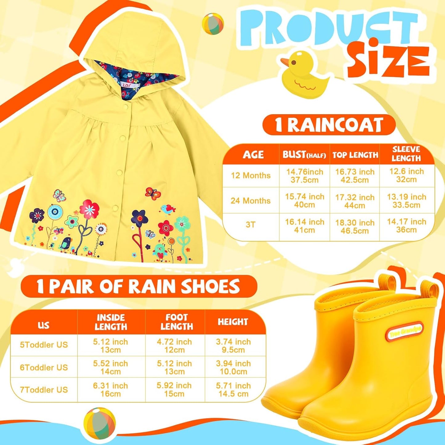 2 Pcs Toddler Raincoat Rain Boots Set Kids Baby Cartoon Hoodie Zipper Jacket Short Rain Shoes for