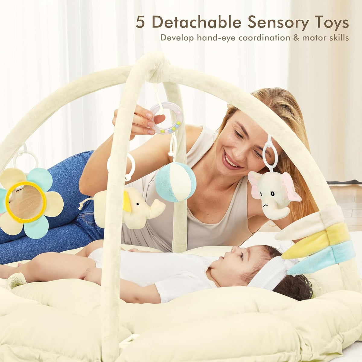 ANGELBLISS 5 in 1 Baby Play Gym Mat, Reversible Tummy Time Mat with 5 Sensory Toys for Stage-Based