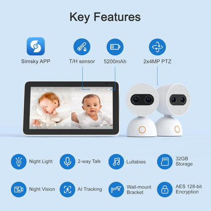 Simsky Split Screen Video Baby Monitor with 2 Cameras, 2× 4MP Resolution, 7" HD Touch Screen Smart